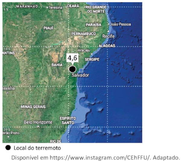 Ponto indicando ocorrência de um terremoto na Bahia, no mapa do Brasil.