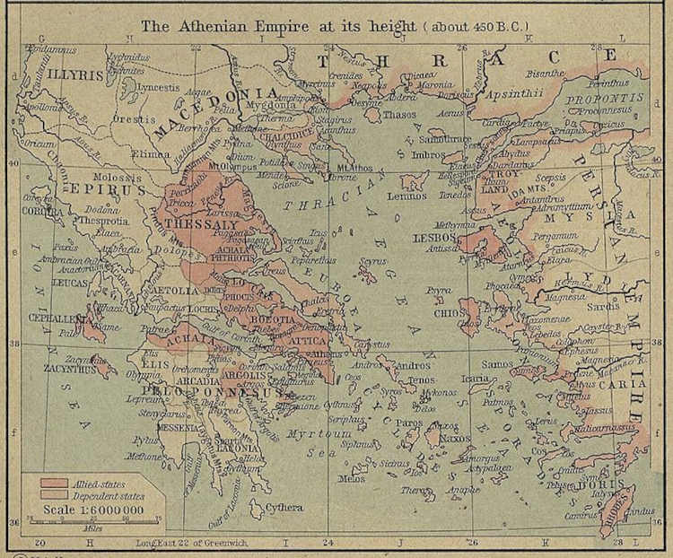 Mapa do crescimento do Império de Atenas durante o Período Clássico.