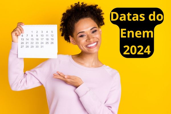 Mulher aponta para calendário ao lado do texto "Datas do Enem 2024"