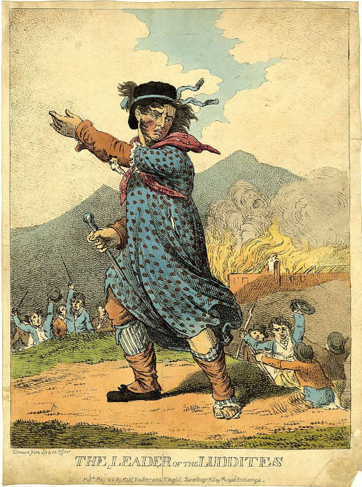 Ilustração antiga representando Ned Ludd, o líder do ludismo, com uma indústria em chamas ao fundo.