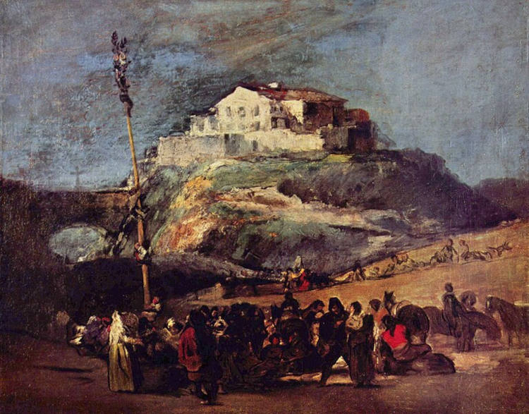 Pintura de Francisco Goya mostrando a brincadeira do pau de sebo, uma brincadeira da Festa Junina, no início do século XIX.
