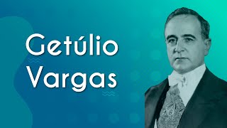Título "Getúlio Vargas" escrito ao lado de uma ilustração de Getúlio Vargas, tudo em fundo azul.