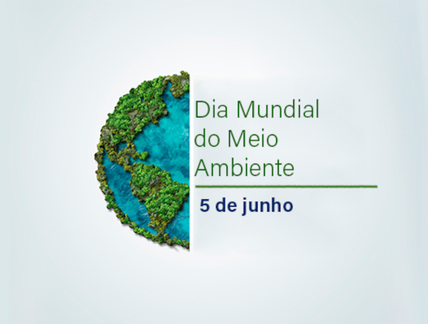 Representação gráfica do planeta Terra ao lado do escrito “5 de junho — Dia Mundial do Meio Ambiente”.