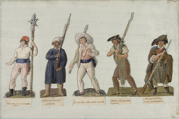 Sans-culottes em pintura de Pierre-Etienne Lesueur, artista que viveu durante a Revolução Francesa.