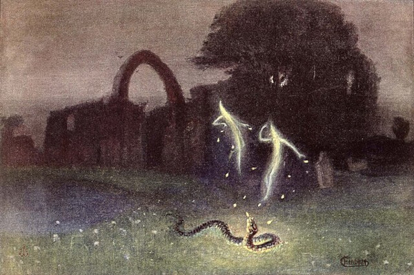Fogo fátuo e serpente em pintura de 1823. O fenômeno natural pode ter dado origem à lenda do boitatá.