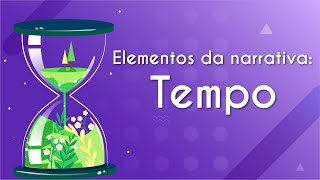 Título "Elementos da narrativa: Tempo" escrito sobre fundo roxo com imagem de ampulheta à esquerda com líquido verde representando tempo