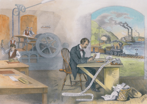 Fábricas, trem e telégrafo em ilustração do século XIX sobre Revolução Industrial.