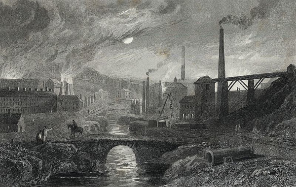 Gravura mostrando algumas indústrias no contexto da Primeira Revolução Industrial.