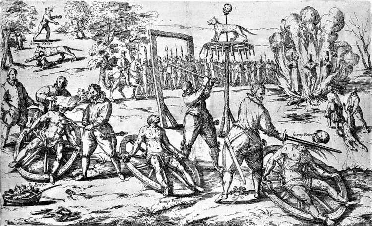  Tortura e execução de Stumpp, acusado de ser um lobisomem assassino, representada em xilogravura de 1590.