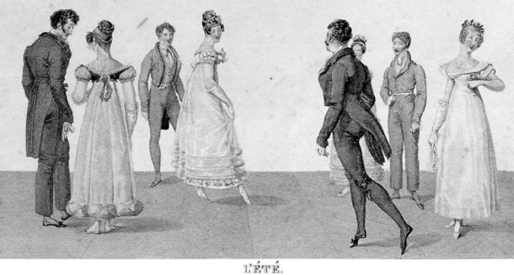 Ilustração francesa de 1820 representando quatro casais dançando a quadrille, ligada à origem da quadrilha.