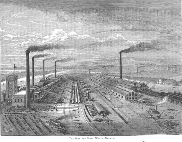 A gravura de 1877 retrata a paisagem modificada pelo surgimento de grandes fábricas durante a Segunda Revolução Industrial.