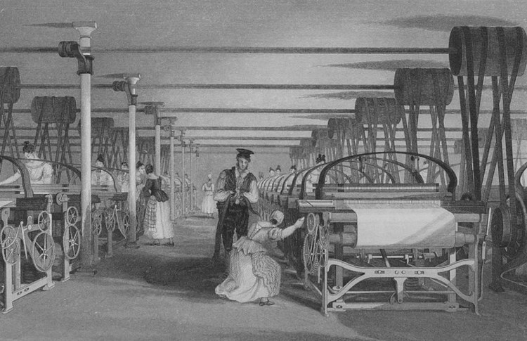 Gravura mostrando o tear mecânico, inventado no contexto da Primeira Revolução Industrial.