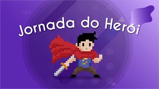 Título "Jornada do Herói" escrita sobre fundo roxo com personagem de herói utilizando capa e empunhando uma espada.