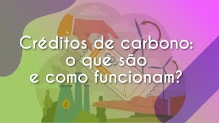 Título "Créditos de carbono: o que são e como funcionam?" escrito sobre fundo verde e roxo com ilustração de duas mãos segurando um tictek de carbono.