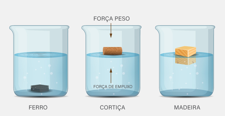 Três frascos com objetos na água, em texto sobre fluidos.