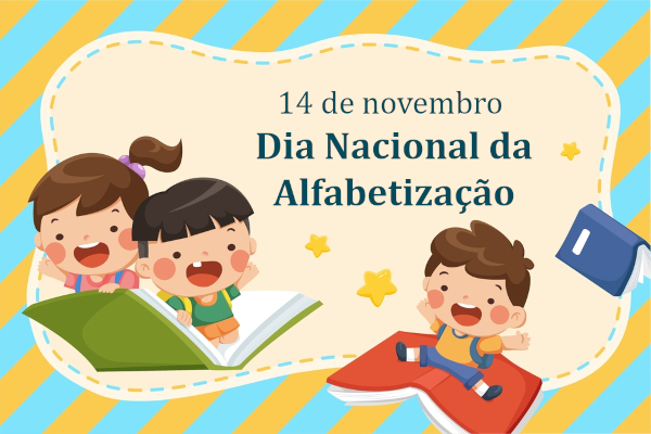 Ilustração de crianças em cima de livros em referência ao Dia Nacional da Alfabetização.