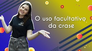 Título "Uso facultativo da crase" escrito em fundo amarelo e roxo com professora ao lado.