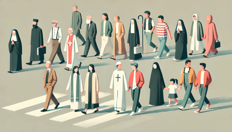 Ilustração de pessoas de diversas crenças caminhando juntas, em referência à liberdade religiosa garantida pelo Estado laico.