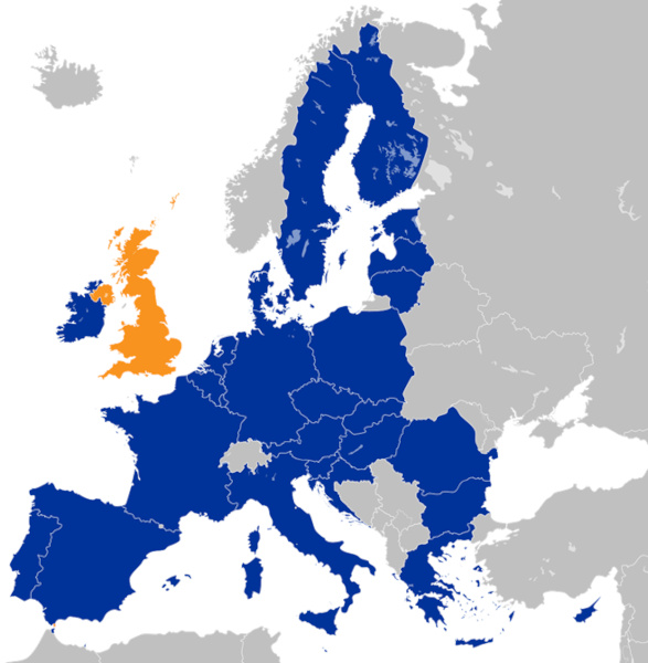 Mapa mostrando a União Europeia (azul) e o Reino Unido (em amarelo), protagonista do Brexit.