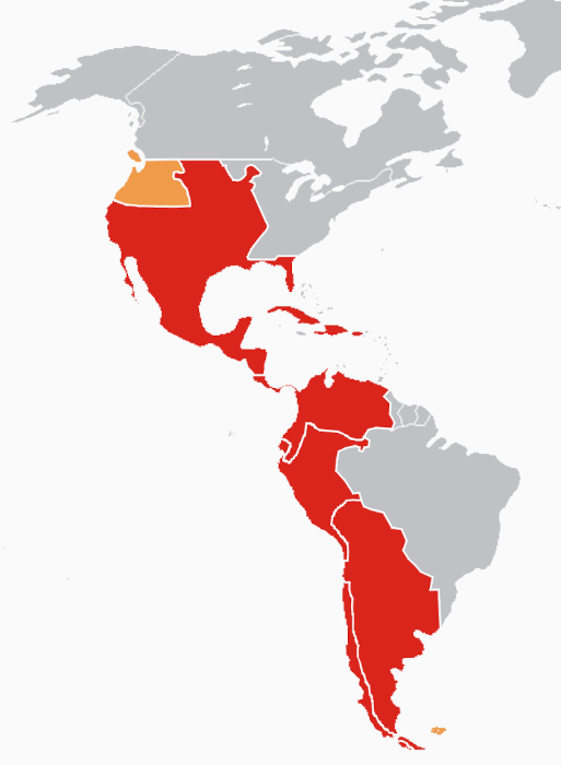 Mapa dos países da América que sofreram colonização espanhola.