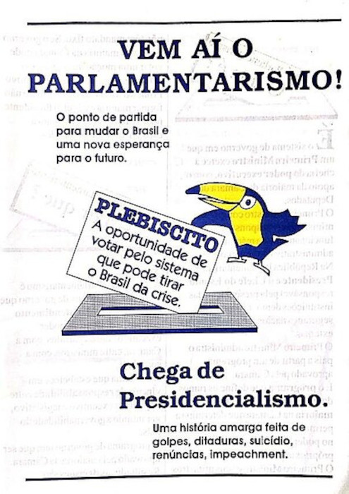 Cartaz do plebiscito de 1993 em texto sobre formas de governo.