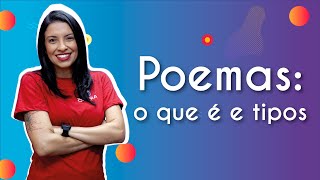 Professora ao lado de título "Poemas: o que é e tipos", escrito em fundo degradê azul e roxo.