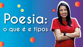 Professora de braços cruzados ao lado do título "Poesia: o que é e tipos" escrito em fundo degradê azul e roxo.