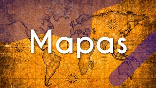 Título "Mapas" escrito sobre fundo de ilustrações cartográficas.