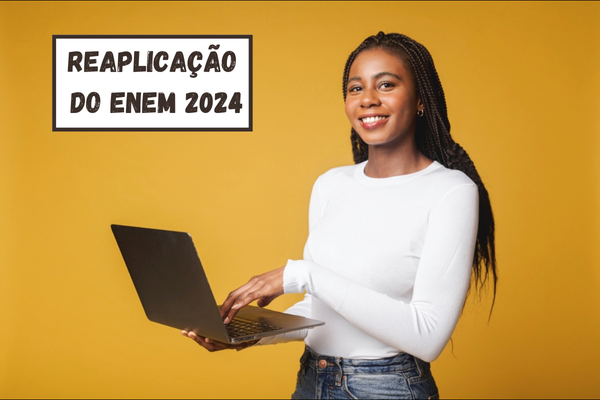 estudante negra segurando notebook. Na imagem, está escrito: reaplicação do Enem 2024