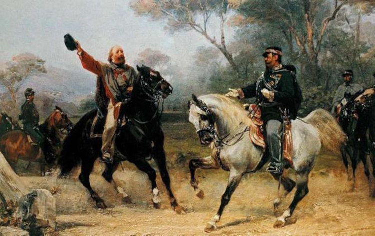 Giuseppe Garibaldi e Victor Emanuel II, líderes na Unificação Italiana, montados sobre cavalos.