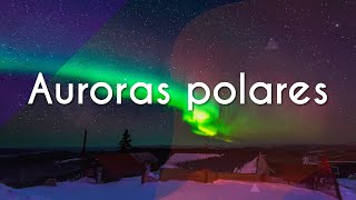 Título "Auroras polares" com uma faixa luminosa sobre uma vila representando uma aurora polar.