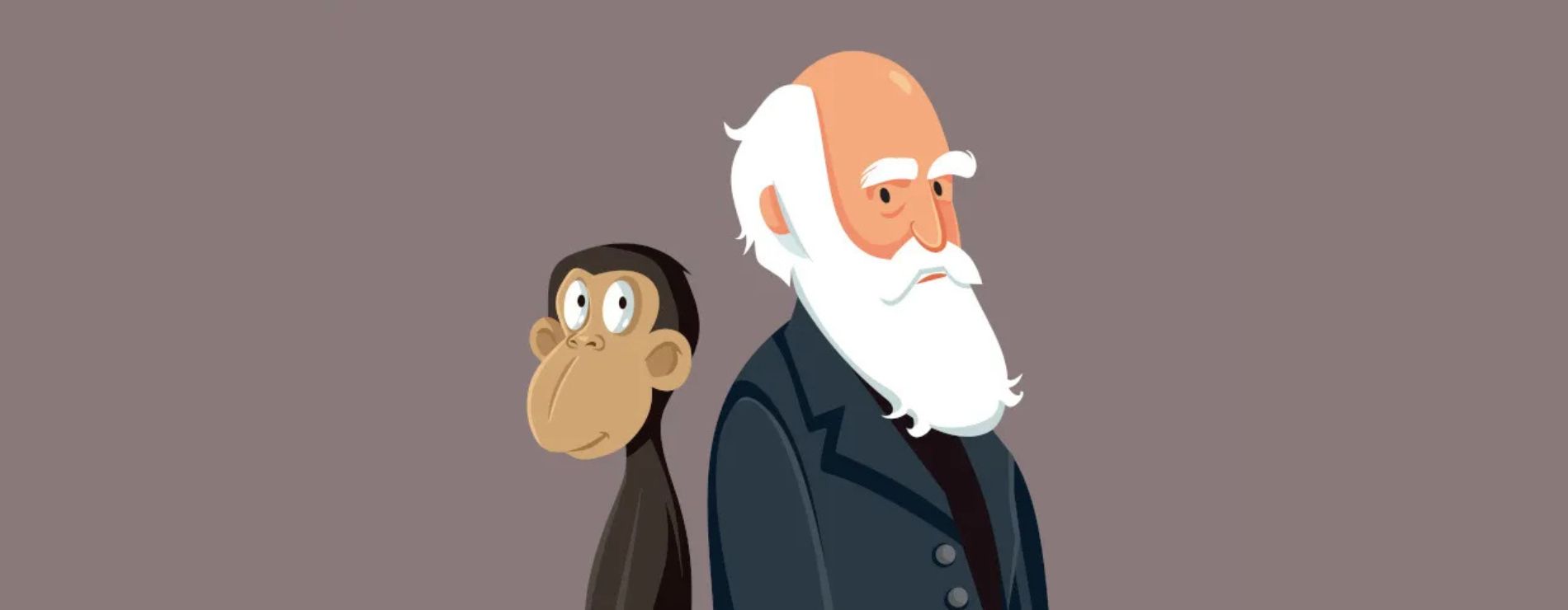 Caricatura de Charles Darwin e de um macaco marrom ao lado