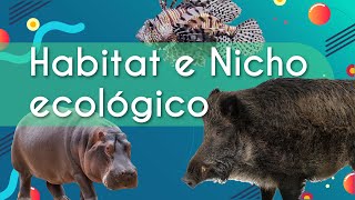 Título "Habitat e Nicho ecológico" escrito em fundo azul ao lado de hipopótamo, javali e peixe-leão.
