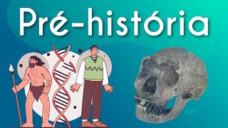 "Pré-História" escrito sobre fundo azul com a representação de homem das cavernas, ilustração de DNA, homem atual e crânio humano.