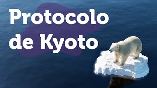 Título "Protocolo de Kyoto" escrito ao lado de urso sobre calota de gelo em oceano.
