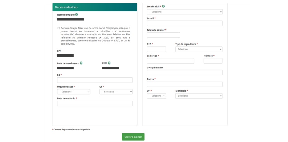 Página de inscrição do Fies 2025.2