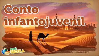 Título "Conto infantojuvenil" escrito sobre imagem de homem e camelo no deserto.