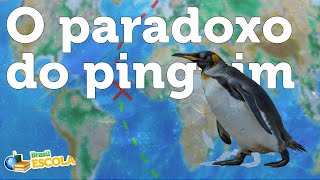 Texto "O paradoxo do pinguim" escrito sobre fundo do mapa-múndi com imagem de um pinguim ao lado.