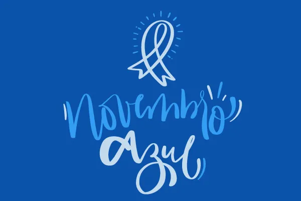 Imagem azul com a fita de conscientização e o escrito novembro azul