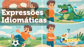 "Expressões Idiomáticas" escrito sobre imagens representando expressões como "pisar na bola" e "falar pelas paredes".