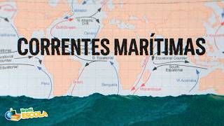 Título "Correntes marítimas" escrito sobre fundo de fluxograma das correntes com imagem de ondas.