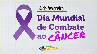 "4 de fevereiro - Dia Mundial de Combate ao Câncer" escrito ao lado de laço simbolizando a luta contra o câncer.