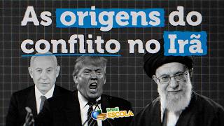 Texto "As origens do conflito no Irã" escrito com fotos de três figuras políticas: Benjamin Netanyahu, Donald Trump e Ali Khamenei.