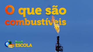 Texto "O que são combustíveis" escrito sobre torre de petróleo com uma chama no topo.