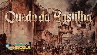 "Queda da Bastilha" escrito sobre imagem do quadro Prise de la Bastille de Jean-Pierre Houël