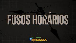 Título "Fusos Horários" sob fundo escuro com ponteiros de relógio.