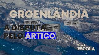 Texto "Groenlândia: a disputa pelo Ártico" escrito sobre vista de cima da Groenlândia.