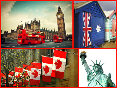 Londres, Austrália, Canadá e Estados Unidos: Países que falam inglês.
