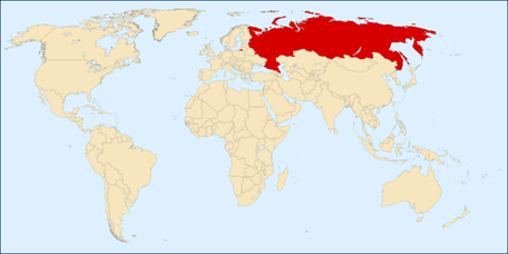 A Rússia (destacada em vermelho) possui o maior território do mundo