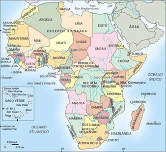 Mapa político do continente africano. 